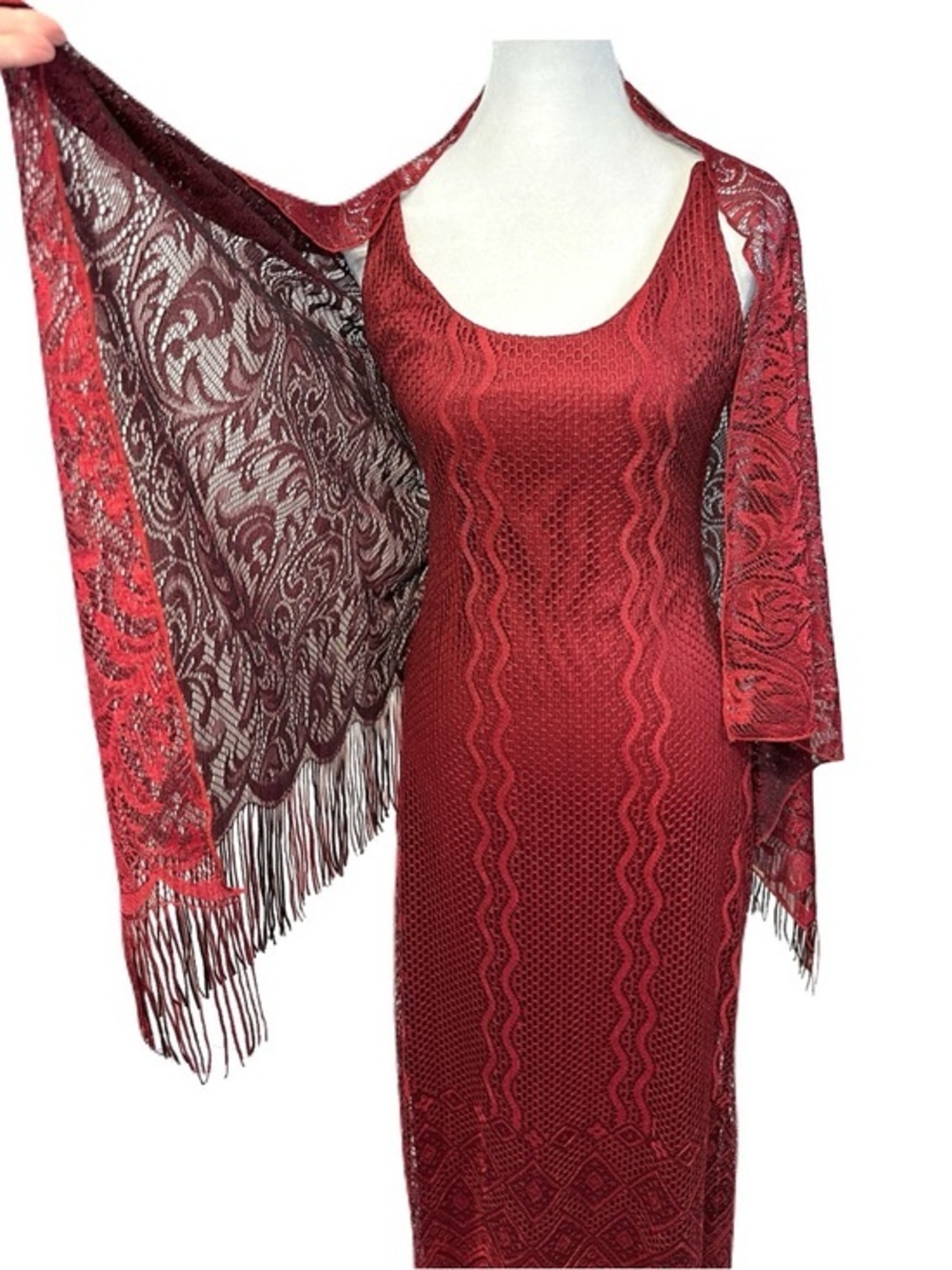 Vintage Red Fringed Lace Maxi Dress with Crochet Shawl Boho Party Flamenco XXS